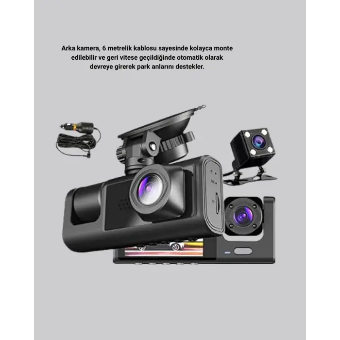 Üç Kameralı Araç DVR Full HD Gece Görüşlü ve 2 inç IPS Ekranlı