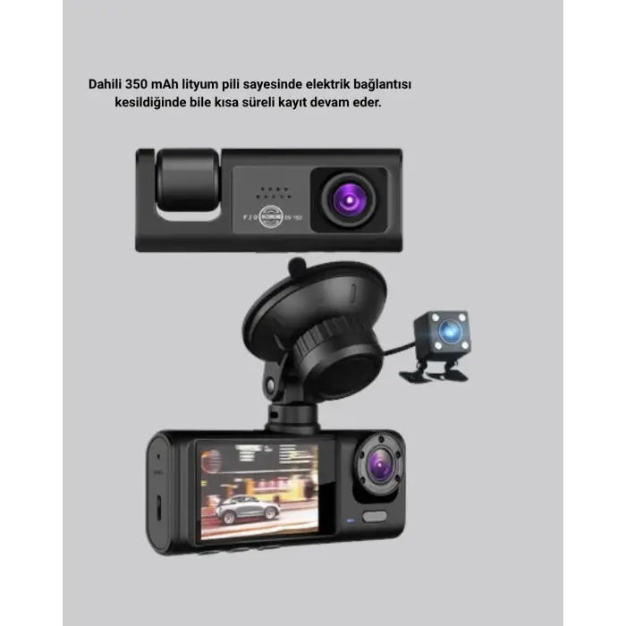 Üç Kameralı Araç İçi Kayıt Sistemi Full HD Gece Görüşlü ve G-Sensör Destekli