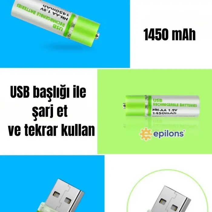 Usb Şarjlı 1450mah Aa 1.2v Lityum Kalem Pil 2’li Set Dönüşümlü Batarya