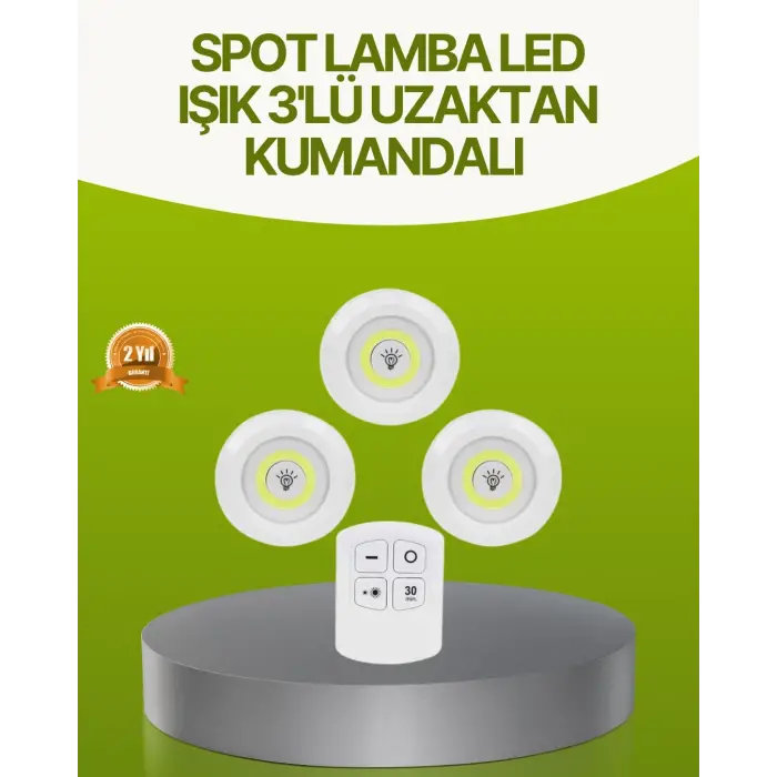 Uzaktan Kumandalı 3 Lü Kablosuz Led Spot Lamba Seti Yapışkanlı Pratik Kullanım