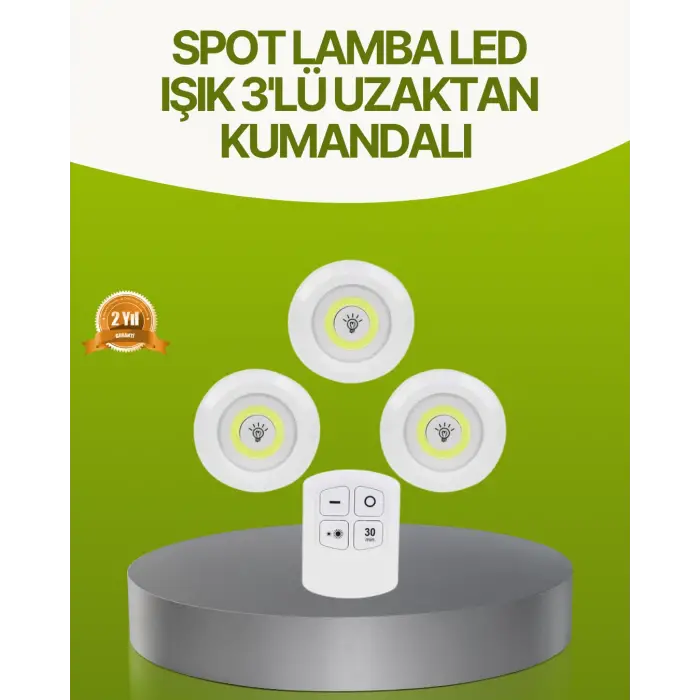Uzaktan Kumandalı 3 Lü Kablosuz Led Spot Lamba Seti Yapışkanlı Pratik Kullanım
