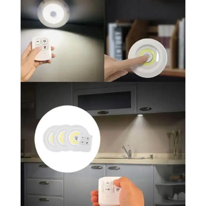 Uzaktan Kumandalı 3 Lü Kablosuz Led Spot Lamba Seti Yapışkanlı Pratik Kullanım