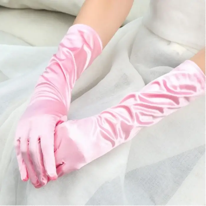 Uzun Boy Ekstra Parlak Saten Eldiven Pembe Renk