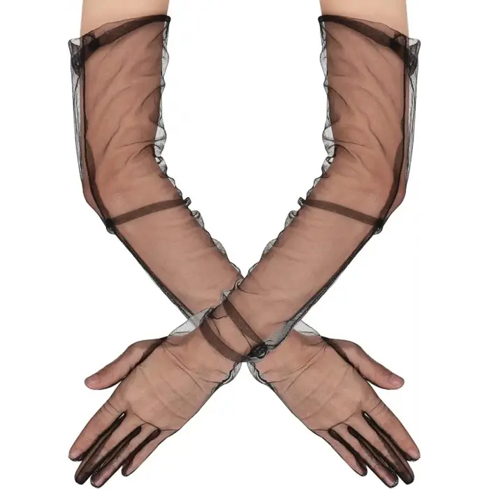 Uzun Boy Likralı Siyah Yetişkin Mega Tül Eldiven