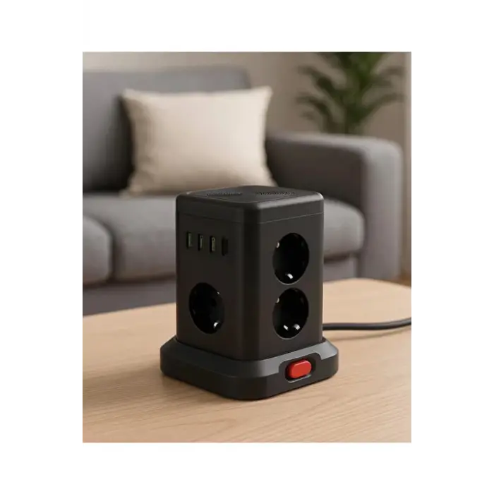 Wp-707 3 Usb-a + 1 Type-c Çıkışlı Kule Tipi Akım Korumalı Çoklu Priz – Tek Tuş Kontrol Masaüstü