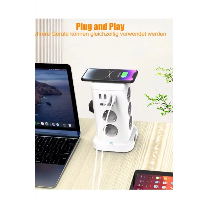 Wp-707 3 Usb-a + 1 Type-c Çıkışlı Kule Tipi Akım Korumalı Çoklu Priz – Tek Tuş Kontrol Masaüstü