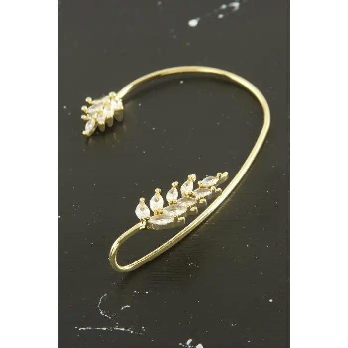 Yaprak Zirkon Taşlı Lüks Çelik Kıkırdak Küpe