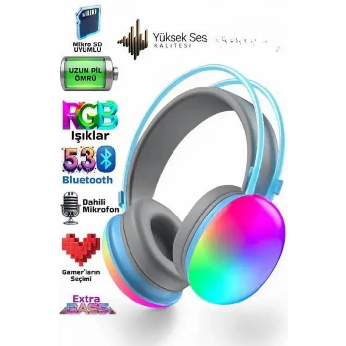 Yeni Nesil Kulak Üstü Kablosuz Uzun Ömürlü RGB Işıklı Bluetooth Kulaklık