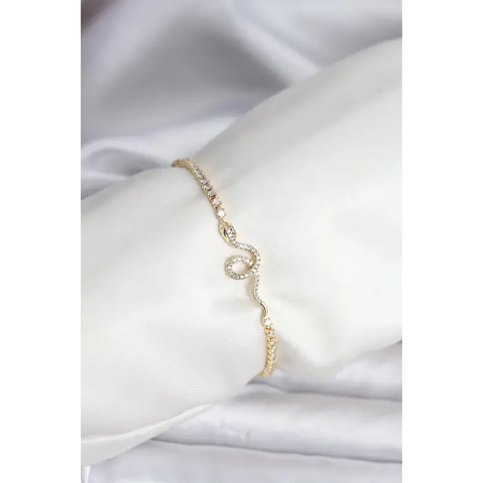Yılan Model Zirkon Taşlı Gold Renk Pirinç Su Yolu Kadın Bileklik