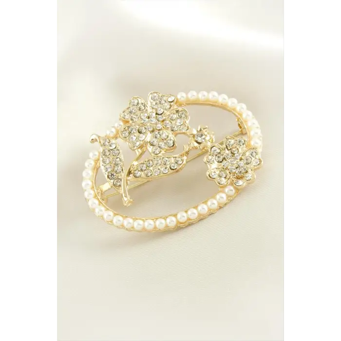 Yonca Çiçek İnci Taşlı Broş