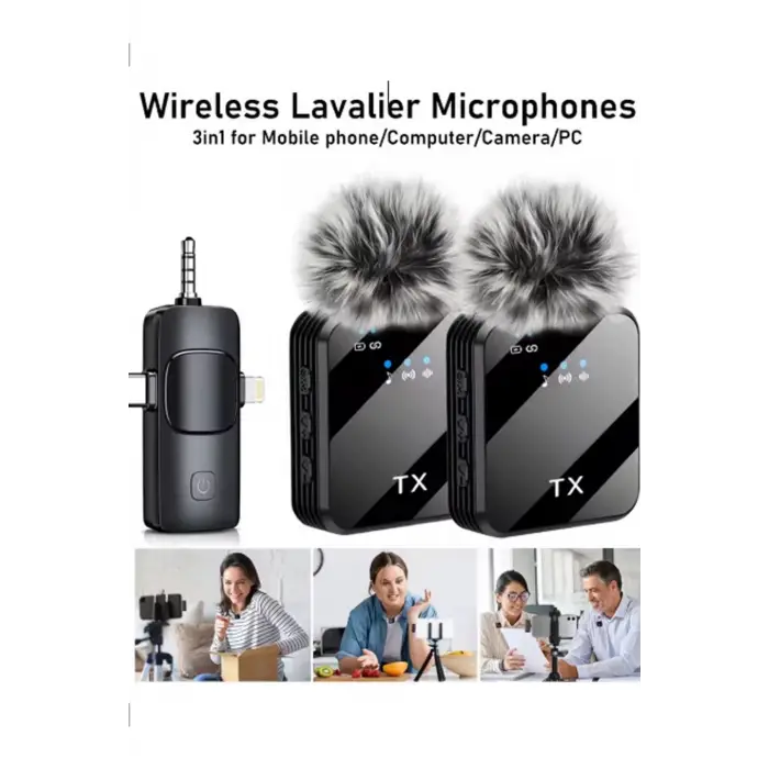 Yüksek Kalite Profesyonel 3 In 1 Kablosuz Taşınabilir Yaka Mikrofonu Tüylü