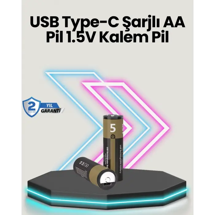 Yüksek Performanslı Aa Usb Şarjlı Lityum Pil | 1.5v Sabit Güç | 2’li Paket
