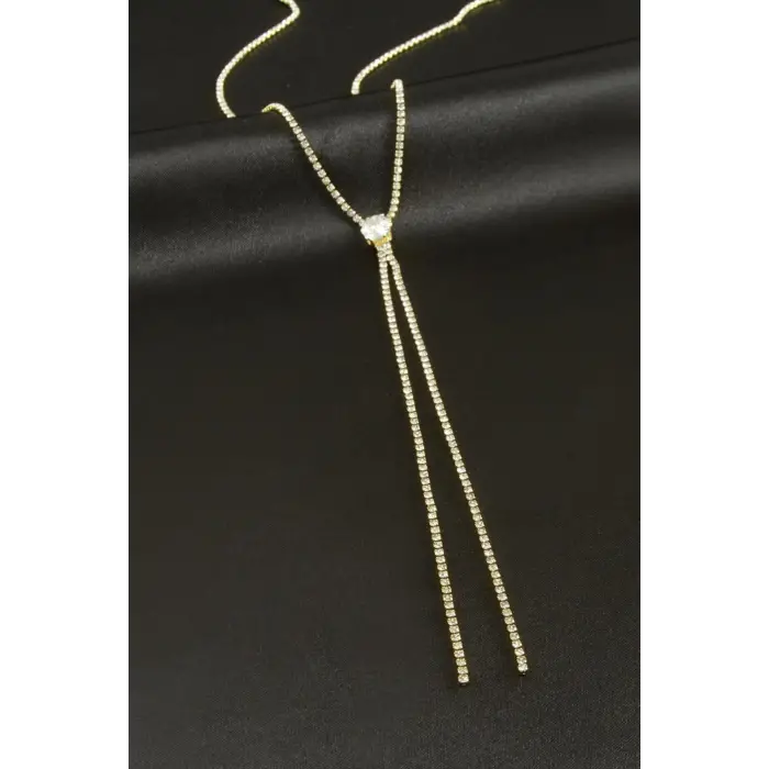 Yuvarlak Şerit Taşlı Çelik Y Kolye