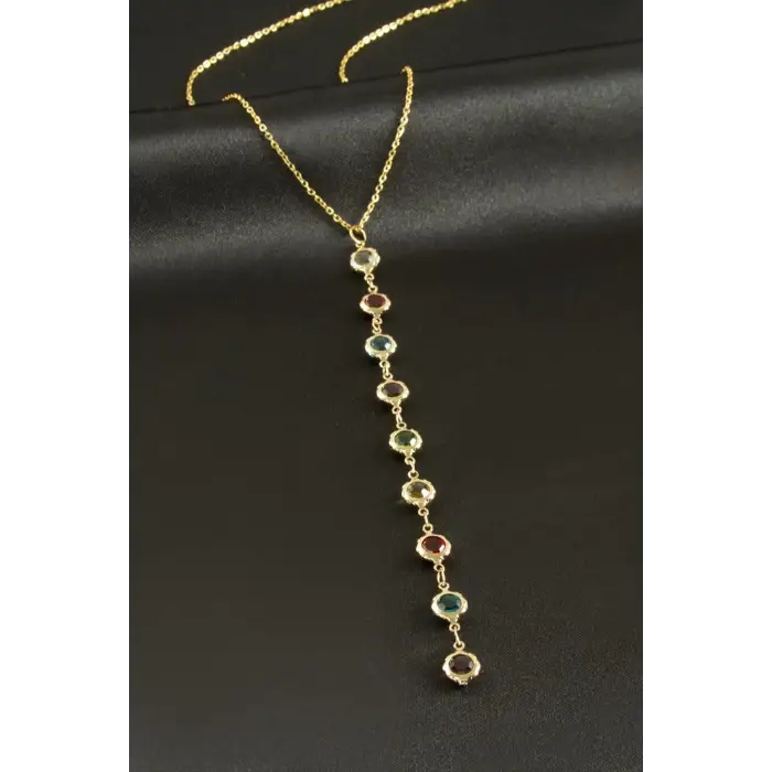 Yuvarlak Zirkon Taşlı Çelik Y Kolye