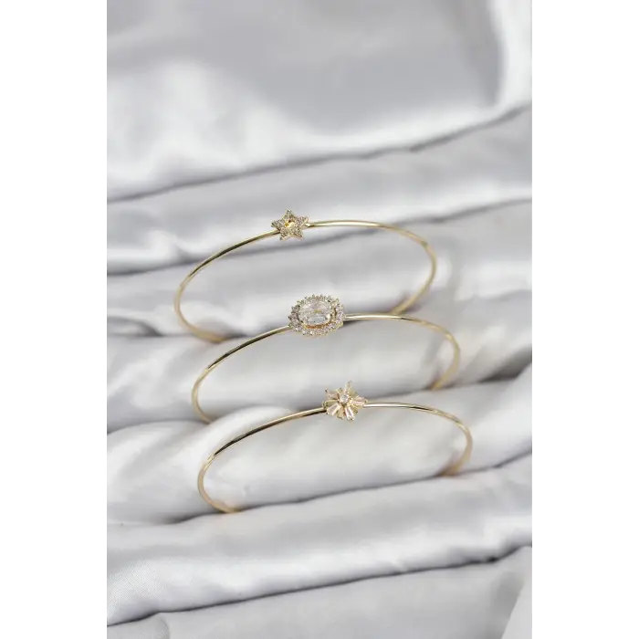 Zirkon Taşlı Gold Renk Tek Taş Model 3lü Kadın Bileklik Kombini