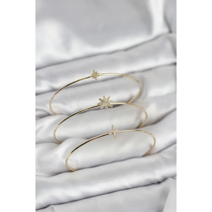 Zirkon Taşlı Kutup Yıldızı Model Gold Renk 3lü Kadın Bileklik Kombini