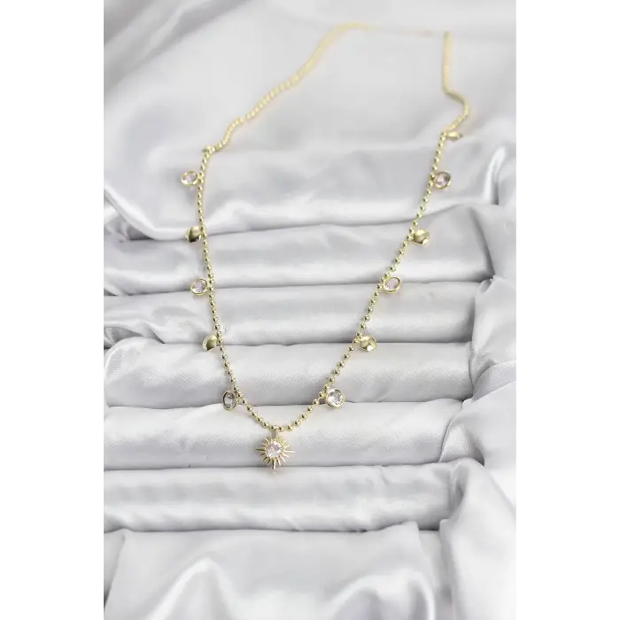 Zirkon Taşlı Kutup Yıldızı Model Pirinç Gold Renk Kadın Kolye