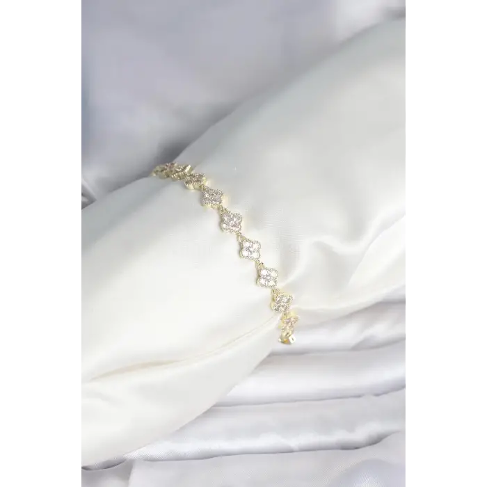 Zirkon Taşlı Pirinç Yonca Model Bileklik