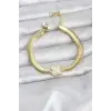 316L Çelik Gold Renk Beyaz Yonca Model Zirkon Taşlı Yılan Zincirli Kadın Bileklik