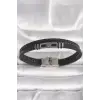 316L Çelik Gümüş Renk Gemi Dümeni Figür Siyah Burgu Deri Kordon Model Erkek Bileklik