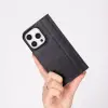 Apple iPhone 16 Pro uyumlu, Hakiki Deri, El Yapımı, Cüzdanlı Kılıf, Parlak Siyah