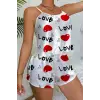 Love Desenli Beyaz Saten Şortlu Gecelik Takım