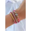Pembe Renk Zirkon Taşlı Deri Çoklu Bileklik