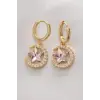 Pirinç Gold Renk Pembe Zirkon Taşlı Yıldız Detay Ay Küpe