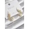 Pirinç Gold Renk Zirkon Taşlı Yaprak Model Kadın Küpe