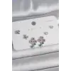 Pirinç Gümüş Renk Renkli Zirkon Taşlı Çiçek Model Yaprak Detay 925 Ayar Gümüş Çivi Kadın Küpe Seti
