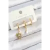 Pirinç Zirkon Taşlı Güneş Model Gold Renk 3lü Çift Kadın Küpe Set