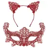 Romantik Kırmızı Dantel Maske Seti – Kedi Kulaklı Taç ve Maske No 3