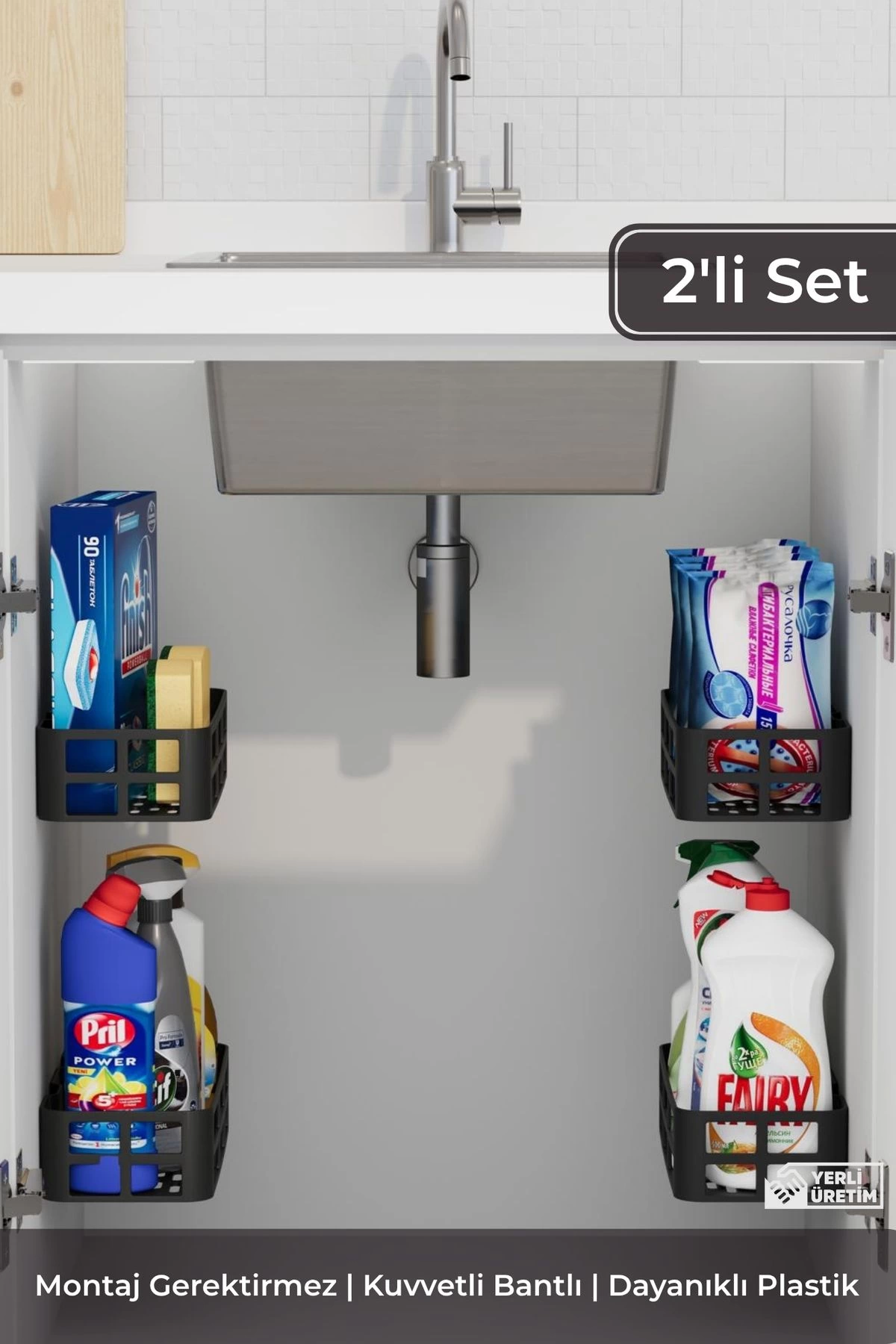 2'li Yapışkanlı Evye Altı ve Dolap İçi Düzenleyici Organizer Raf Seti