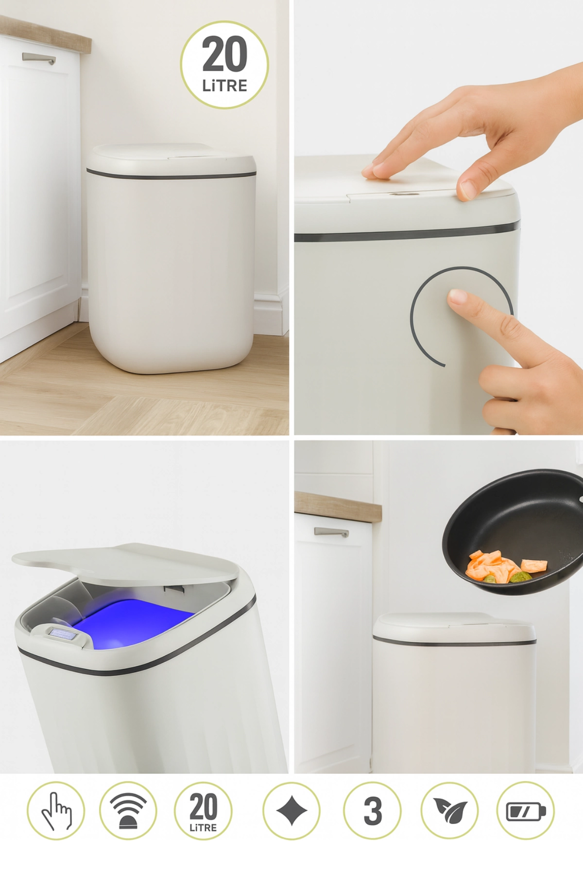 20 Litre Sensörlü Açıp Kapanan Akıllı Teknolojik Çöp Kovası 4 Pil Yanında