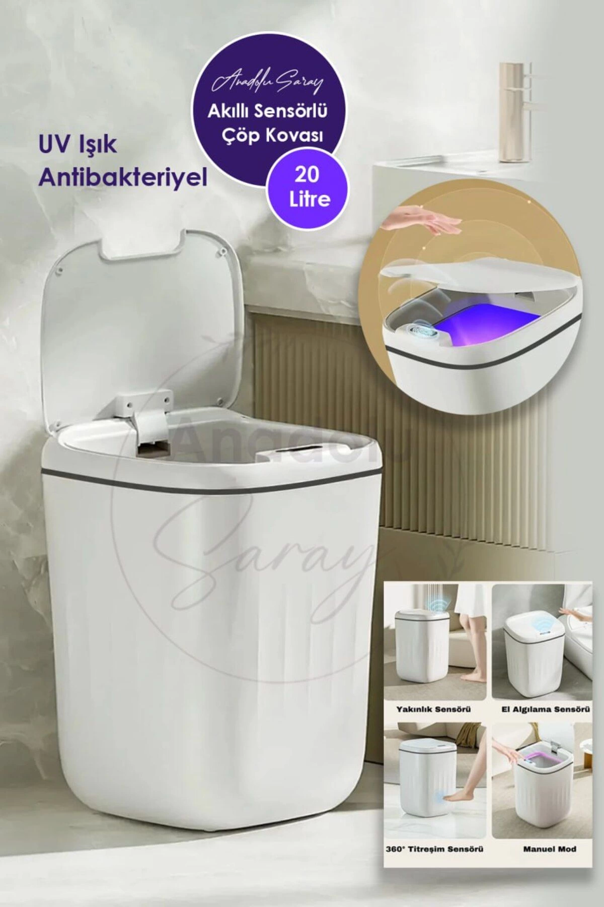 20L UV Işık Antibakteriyel Akıllı Koku Geçirmez Teknolojik Sensörlü Çöp Kovası Ofis Banyo Mutfak