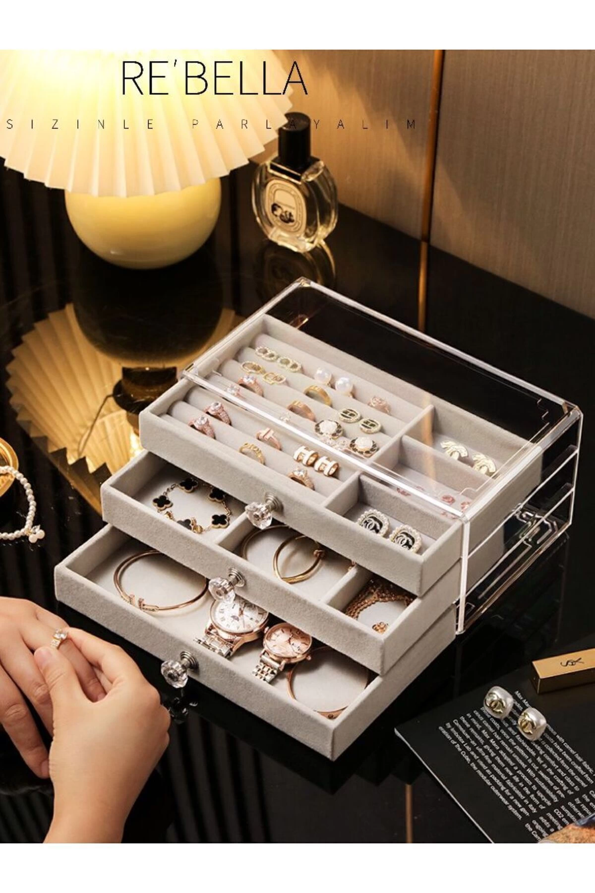 3 Çekmeceli Bölmeli Şeffaf Takı Kutusu | Mücevher Saklama Kutusu | Gri Renk Seçeneği 13x23x10