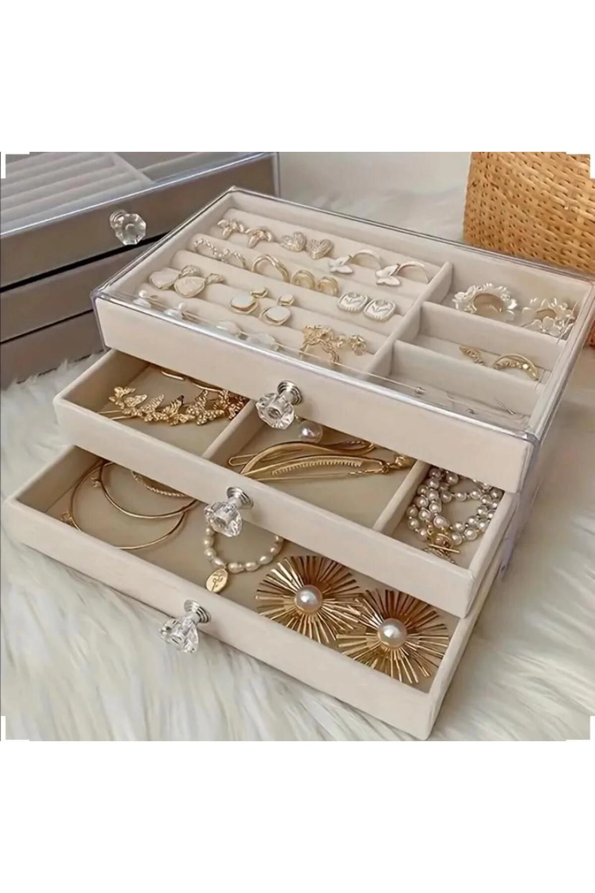 3 Çekmeceli Bölmeli Şeffaf Takı Kutusu | Mücevher Saklama Kutusu Krem Renk Seçeneği