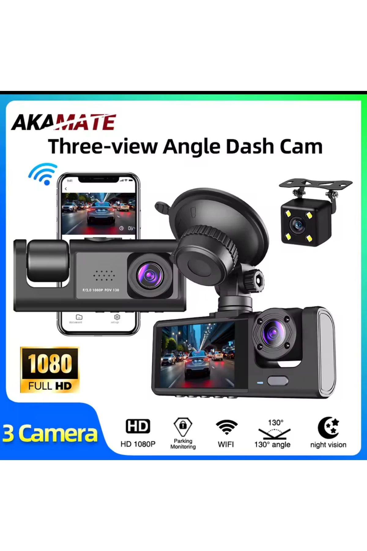 3 Kanal Araba DVR HD 1080P 3 Lensli Araç İçi KameraÜç Yönlü Kamera DVR Kaydedici Video