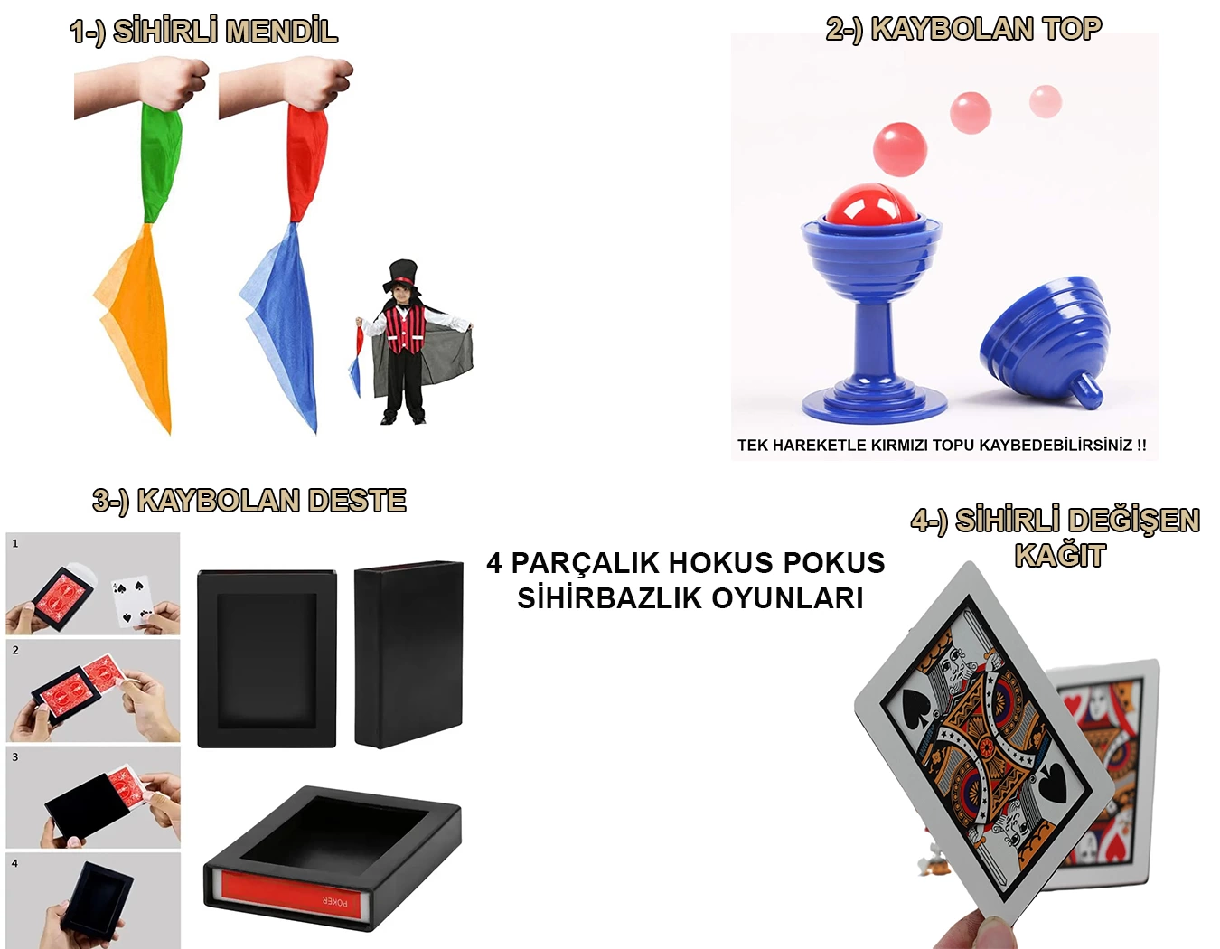 4&amp;#39;lü Sihirbazlık Seti – Hokus Pokus Sihirli Numara Seti-KUPA-MENDİL-DESTE-İSKAMBİL