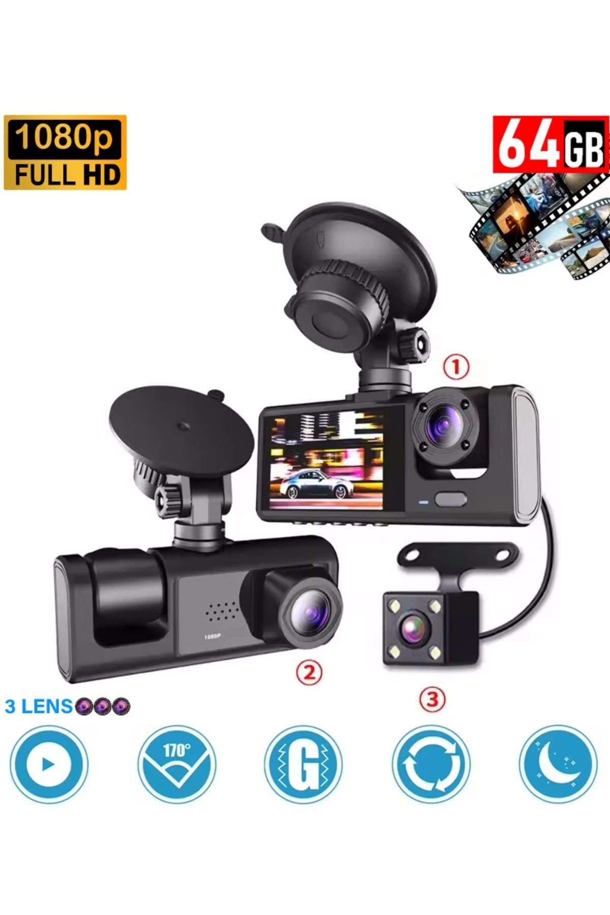 64GB Araç İçi Kamera 3 Kameralı (Yol + Araç İçi+ Arka) FHD Video Kayıt Mikrofonlu Türkçe CC-33
