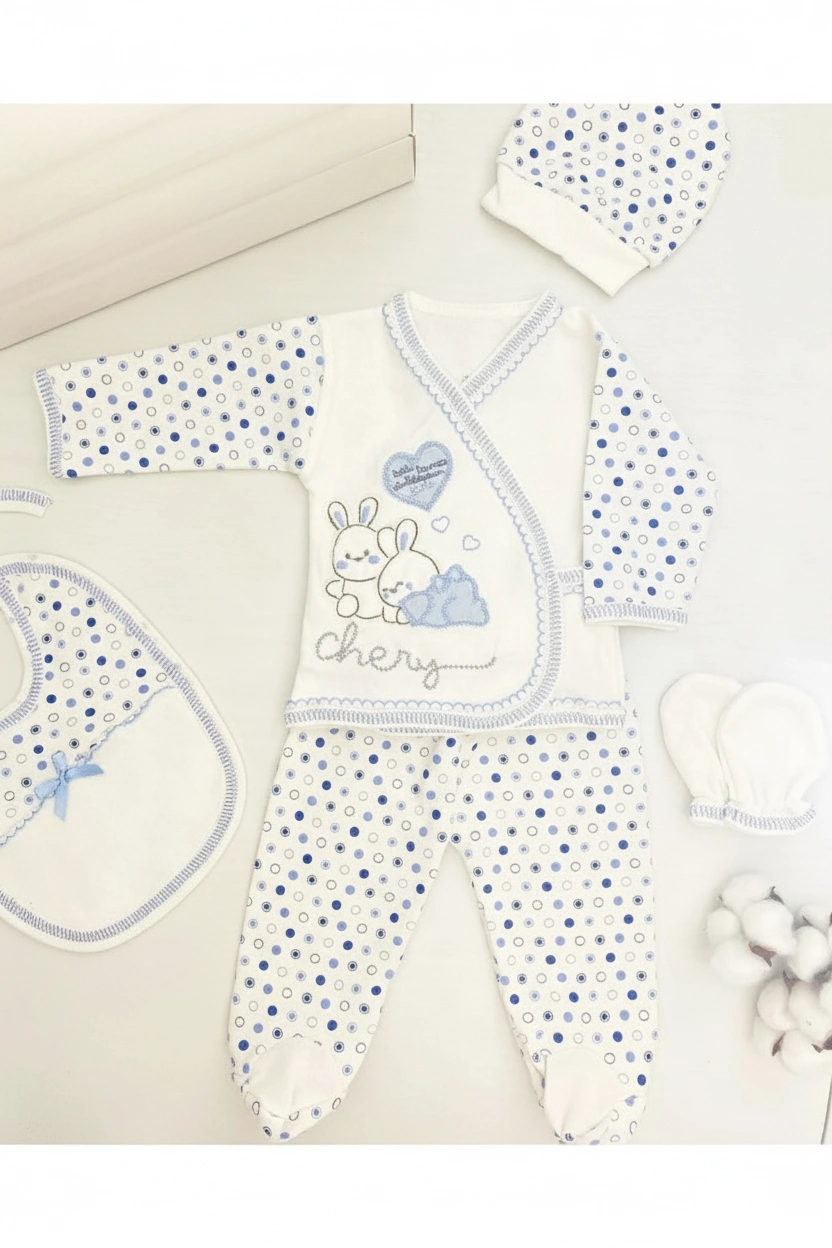 Tavşan Nakışlı Desenli Pamuklu Yenidoğan 5'li Hastane Çıkışı Zıbın Seti