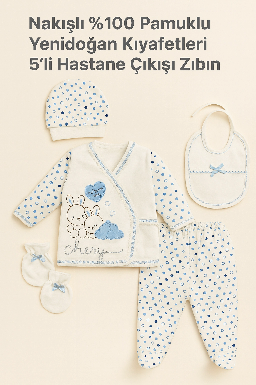 Nakışlı %100 Pamuk 5’li Yenidoğan Hastane Çıkışı Zıbın Seti | Tavşan Desenli Organik Bebek Kıyafetleri