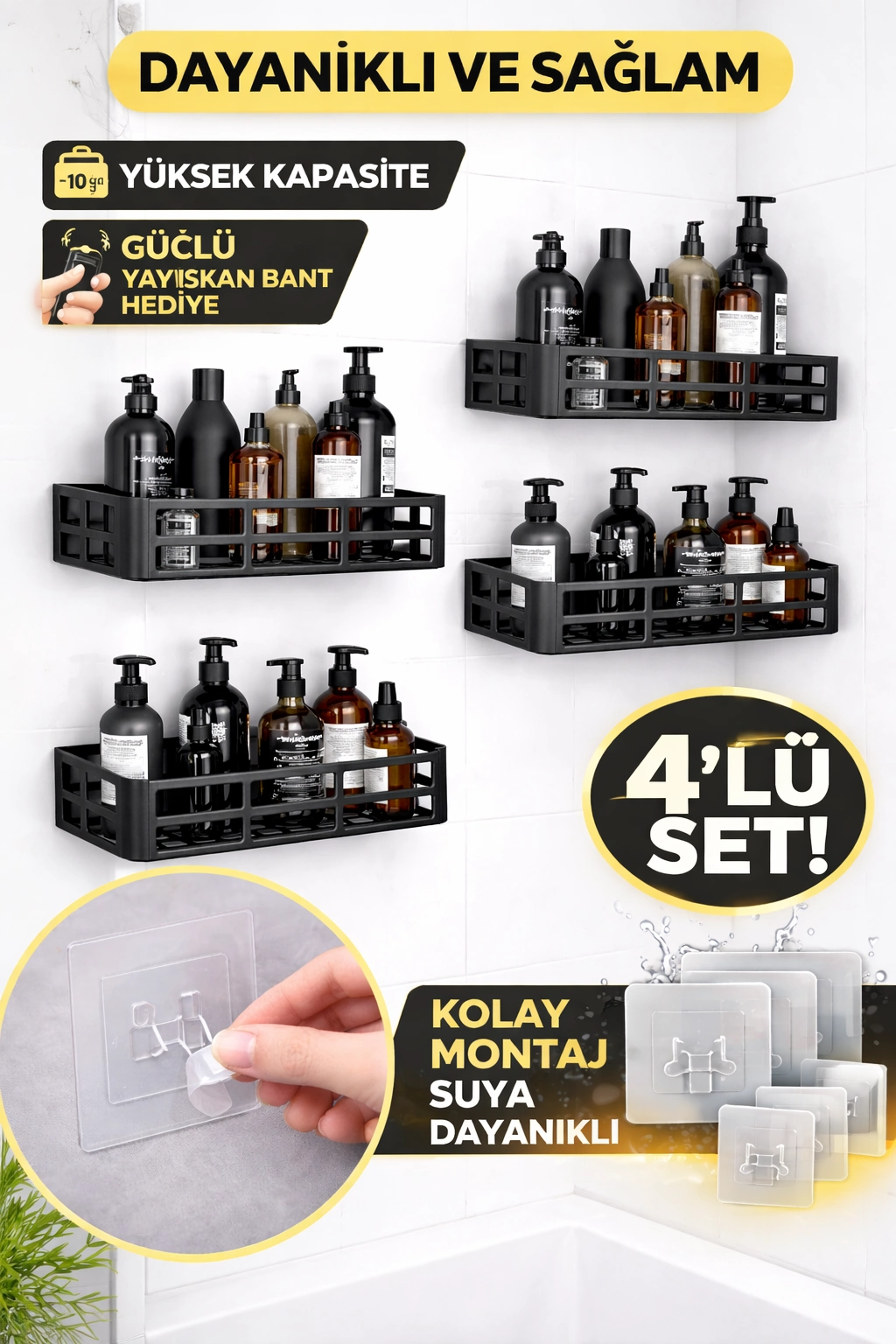 Duş İçi Yapışkanlı Banyo Rafı 4’lü Set | Delme Yok | Güçlü Yapışkan Bantlı Organizer