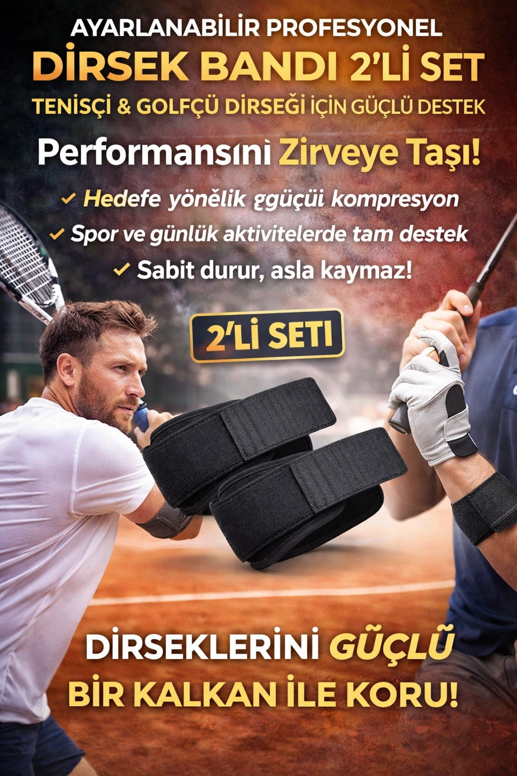 2li Set Ortopedik Epikondilit Bandı Sporcu Golfçü Tenisçi Dirseği Bandajı Sağ Sol Uyumlu Standart