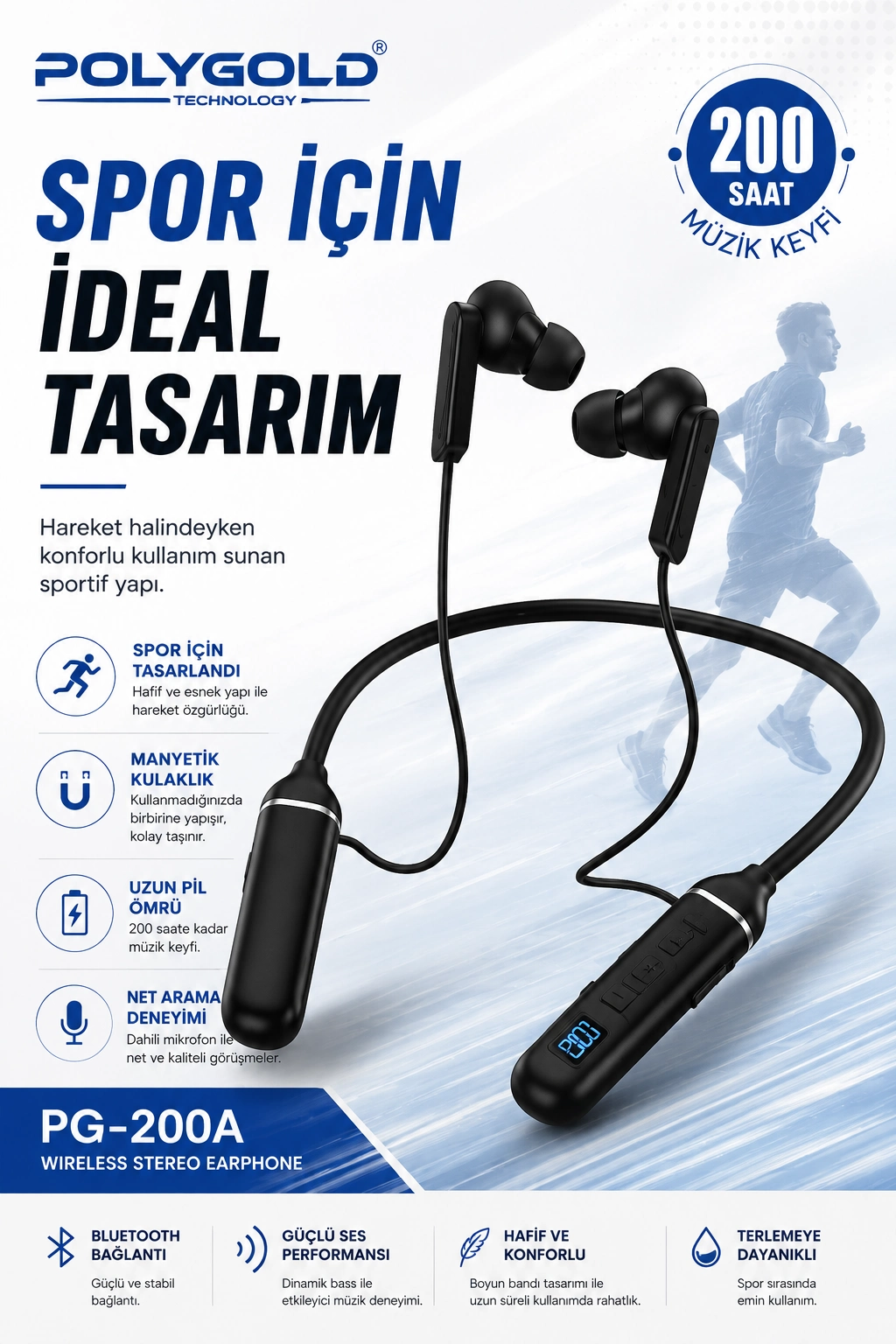 Kablosuz Stereo Spor Boyun Askılı Kulaklık 200 Saat Müzik Süreli Mikrofonlu