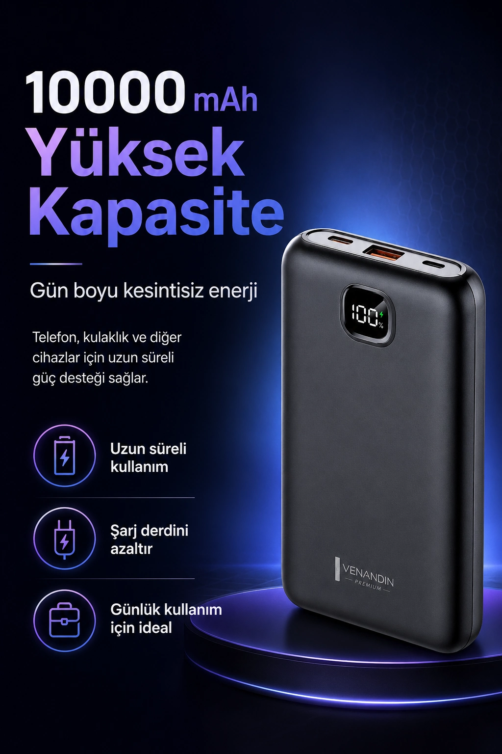 Cep Telefonu Uyumlu 10000 mAh Dijital Göstergeli Hızlı Şarj Powerbank