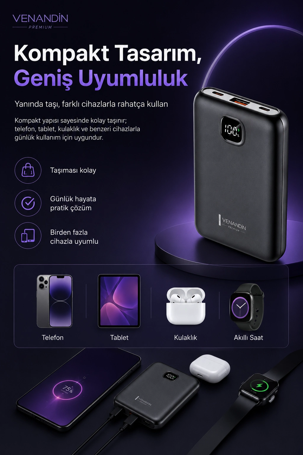 Cep Telefonu Uyumlu 10000 mAh Dijital Göstergeli Hızlı Şarj Powerbank