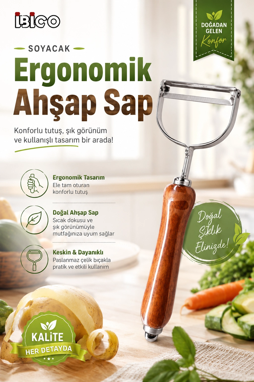 Ahşap Görünümlü Saplı Metal Sebze Meyve Soyacağı Dayanıklı Mutfak Yardımcısı