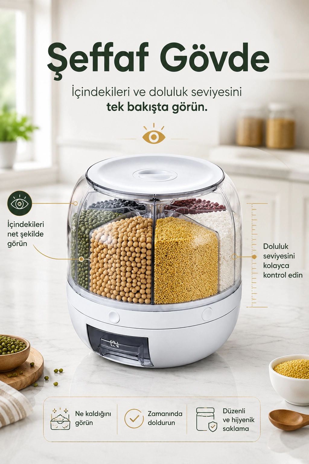 Çok Bölmeli Bakliyat ve Kuru Gıda Saklama Kabı Döner Sistemli Ölçülü Dağıtıcılı