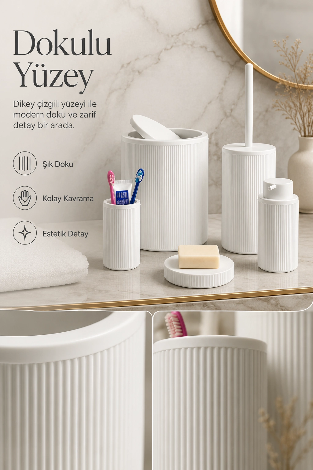 Modern Tasarımlı 5 Parça Banyo Aksesuar Seti Beyaz Renk Sabunluk ve Fırçalık Dahil